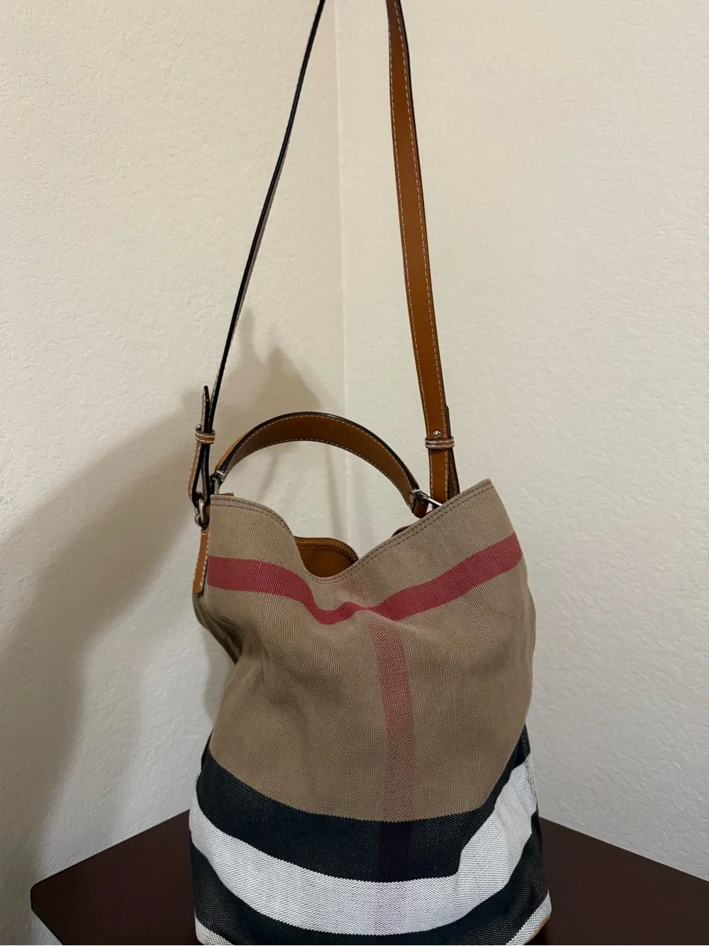 Burberry Brown Leather-Trim Canvas Tote with Red Accent